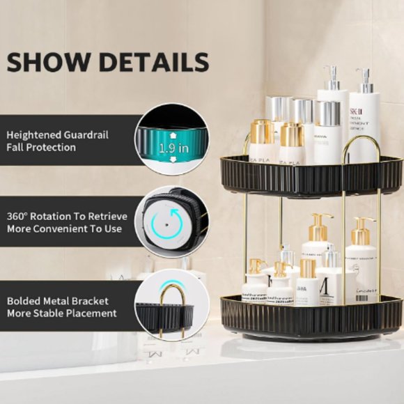 2 Tiers - 360° Turntable Makeup Organizer - Lazy Susan Cosmetics Storage - Picture 5 of 9